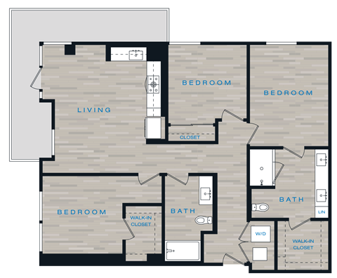 Floor plan for 3 beds, 2 baths, 1278 sqft